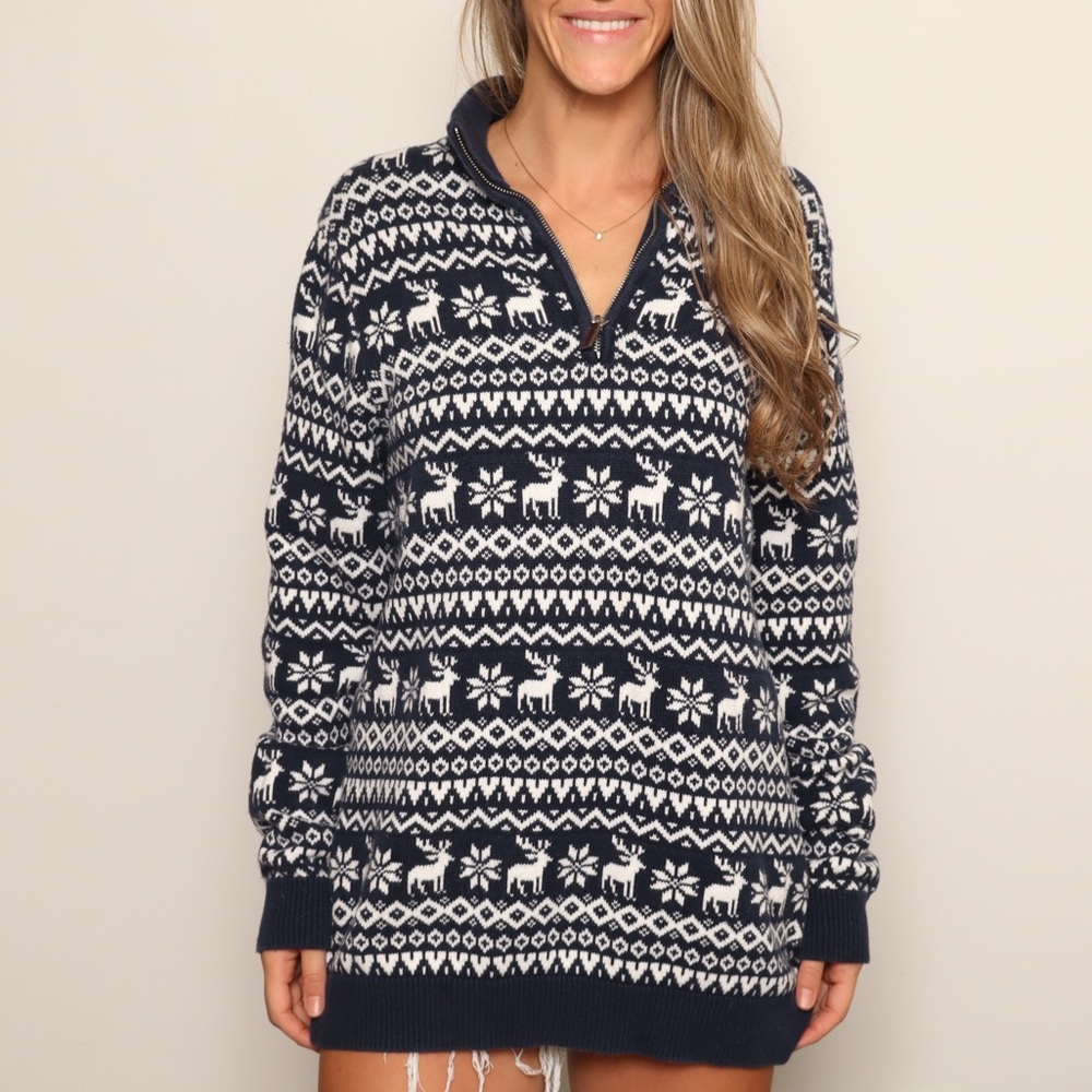 ❄️ 100% Cotton Longline Nordic Design Navy and White Reindeer Pattern Sweater - Picture 3 of 4